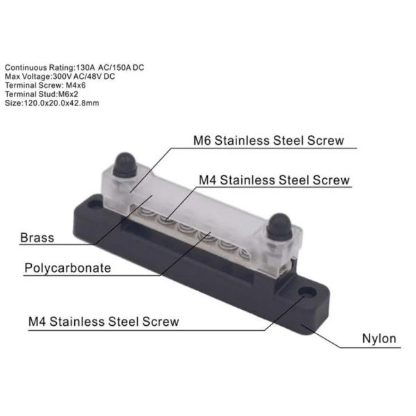 2pcs 6 Way 150A Terminal Bus Bar Ground Distribution Block Panel