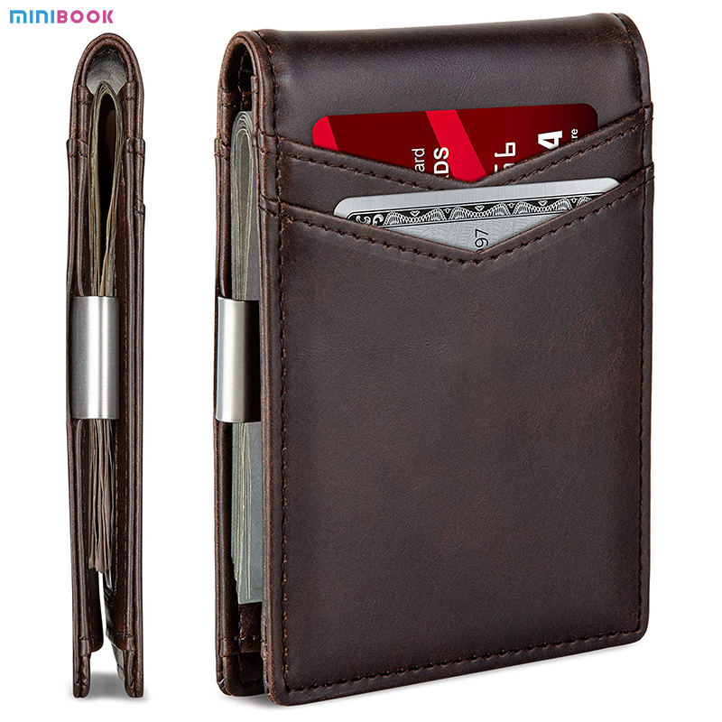 Solid Pattern Custom Bifold Slim Carbon Fiber Genuine Leather Money Clip Wallet for Men