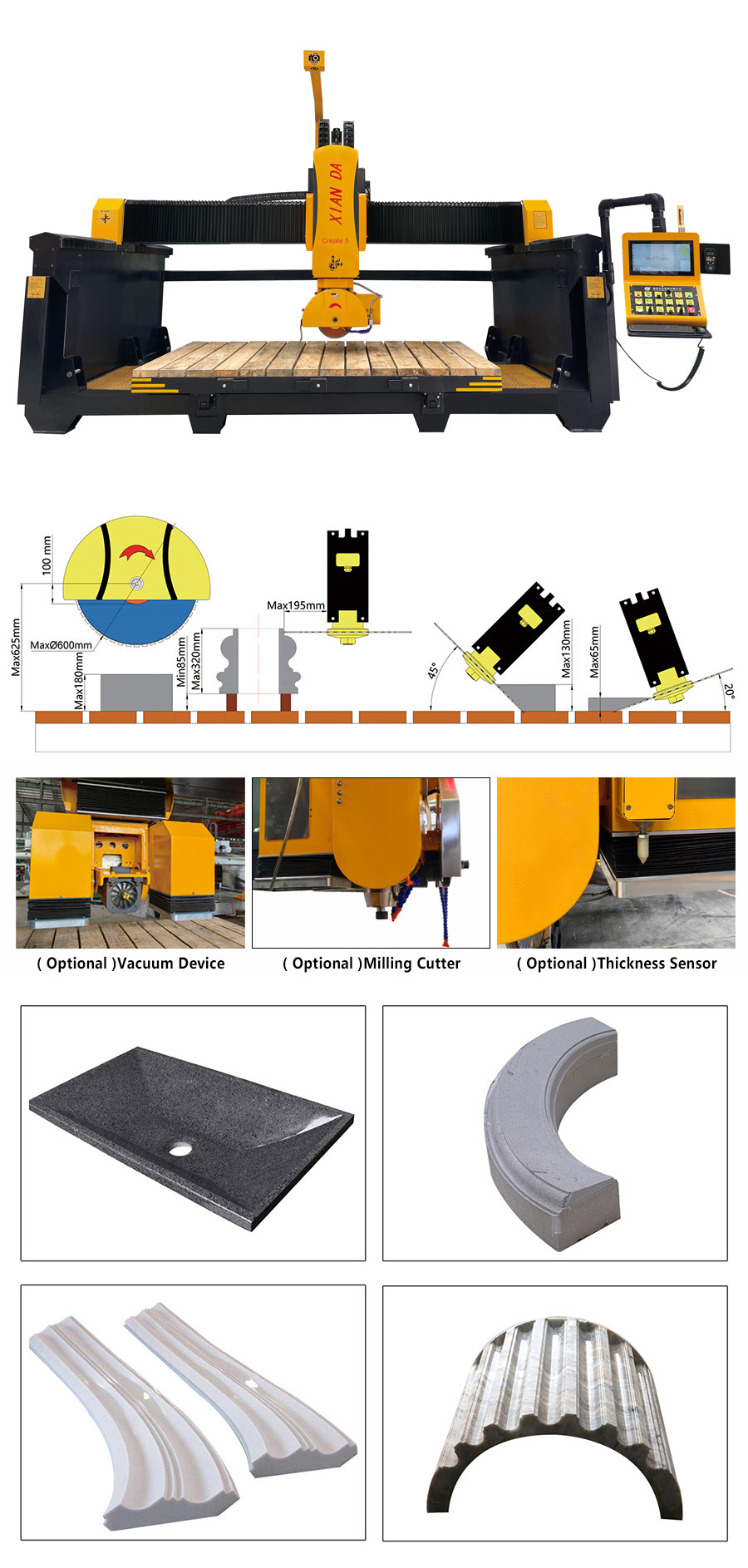 Multifunctional 5 Axis CNC Bridge Cutting Machine for Stone Processing
