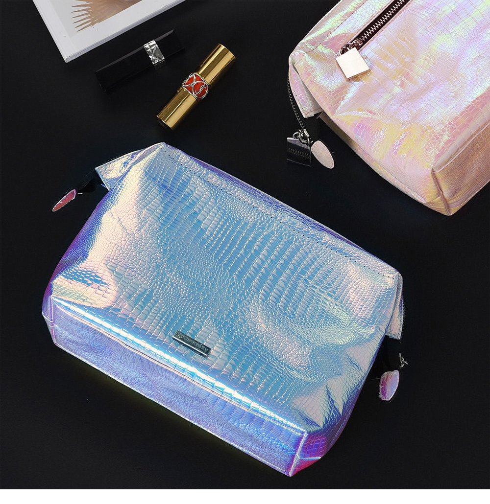 Waterproof Shiny Rainbow PU Cosmetic Bag With Zipper Closure