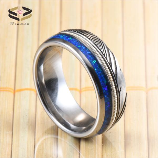 Men's Hunting Damascus Steel Wedding Bands 8mm Blue Opal Silver Guitar String Inlay