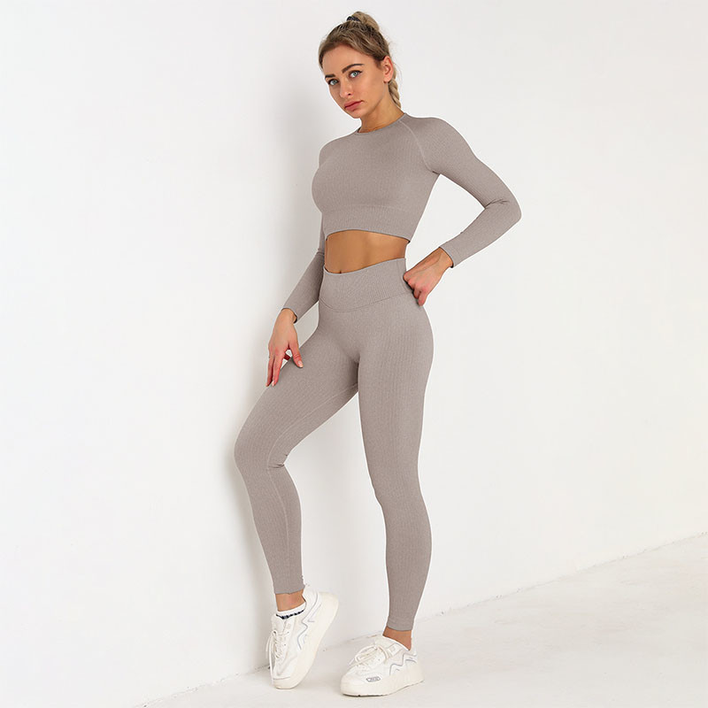 Purple Seamless Yoga Set Clothes Running High Waist Ribbed Long Sleeve Top
