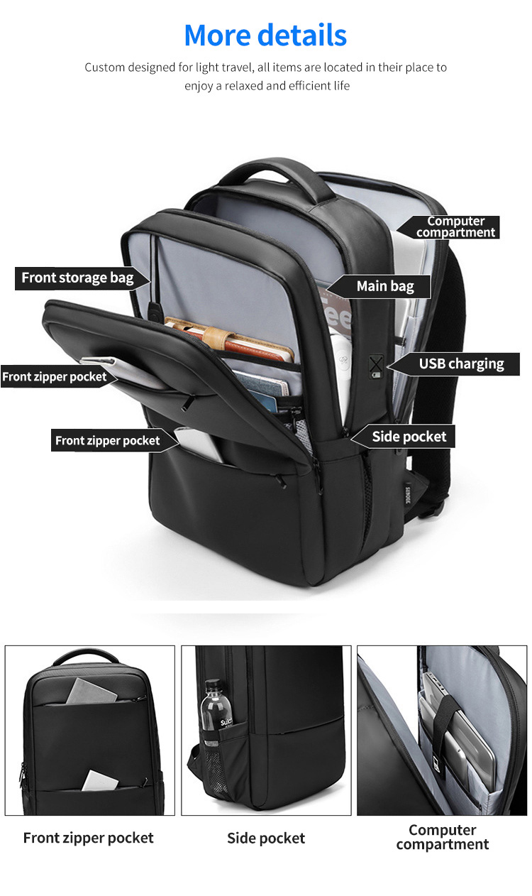 Factory selling custom logo men's waterproof business travel 15.6-inch laptop Backpack