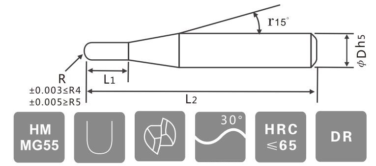 Solid Carbide Ball Nose Milling Cutters for 48~65 Heat Treatment Materials