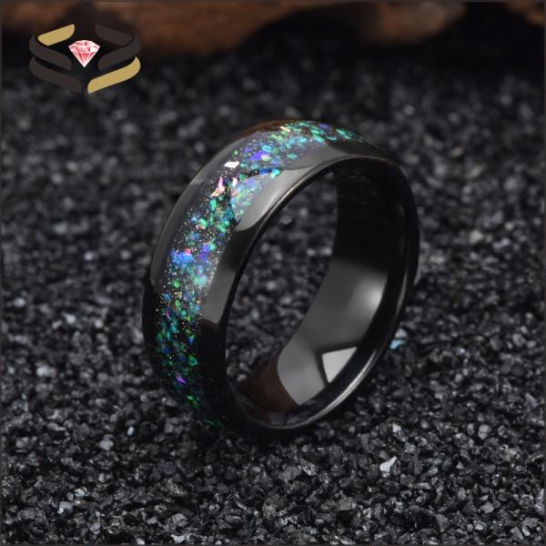 Men'S Domed Black Tungsten Carbide Wedding Band Ring 8mm With Galaxy Opal Inlay