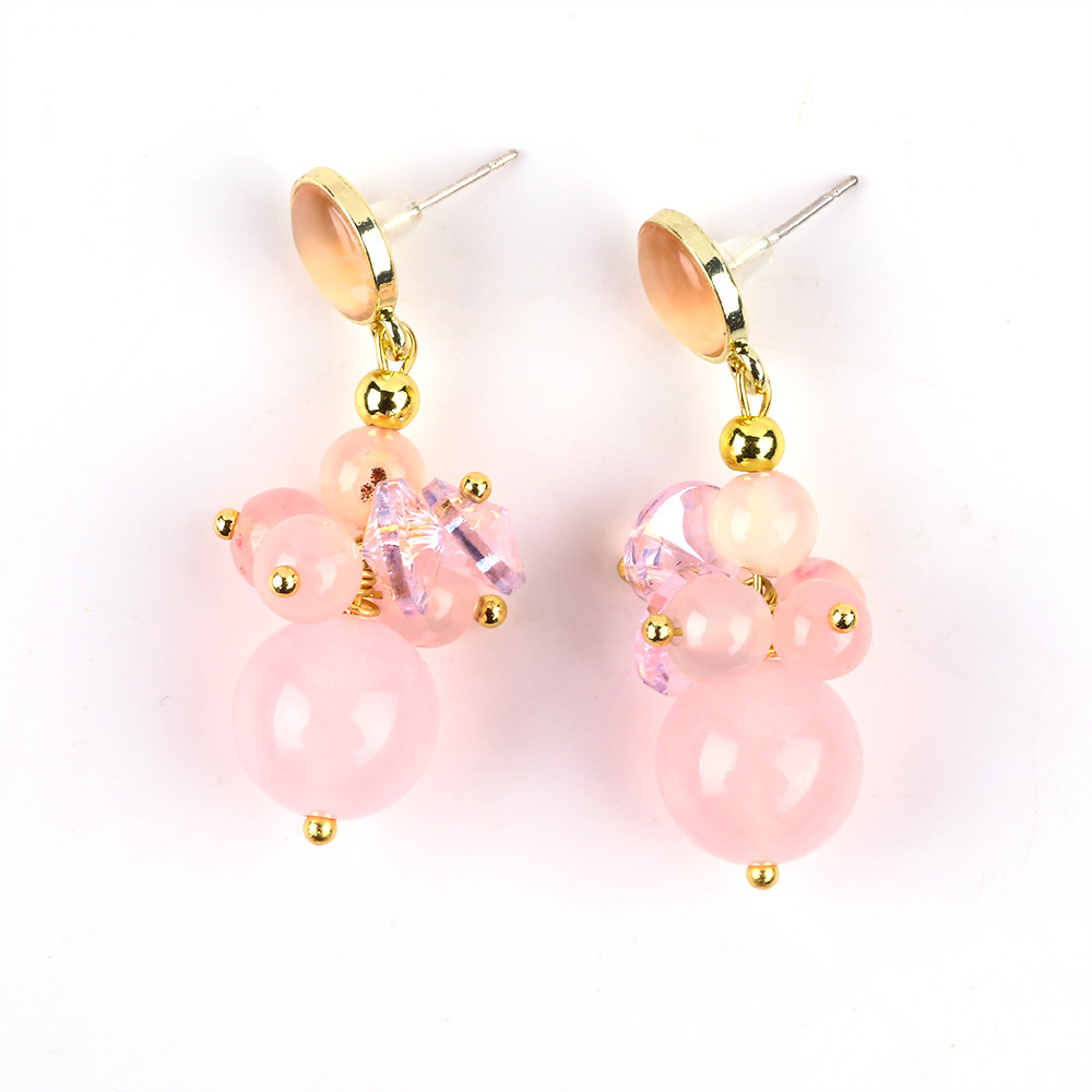 Pink Chalcedony Crystal Stone Unique DIY Oval Pendant Round Bead Stud Earrings For Daily Wear
