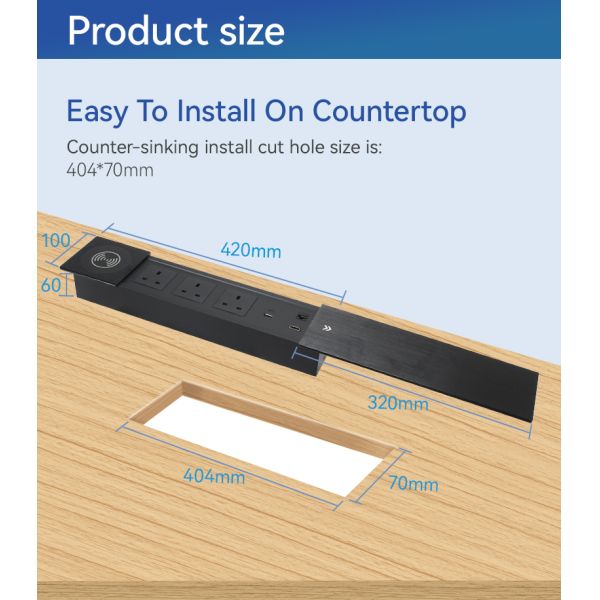 Aluminum Sliding Socket Desk Outlet with 15W Qi Wireless Charging 3 Type G UK Power Outlets and 20W USB Charging Ports
