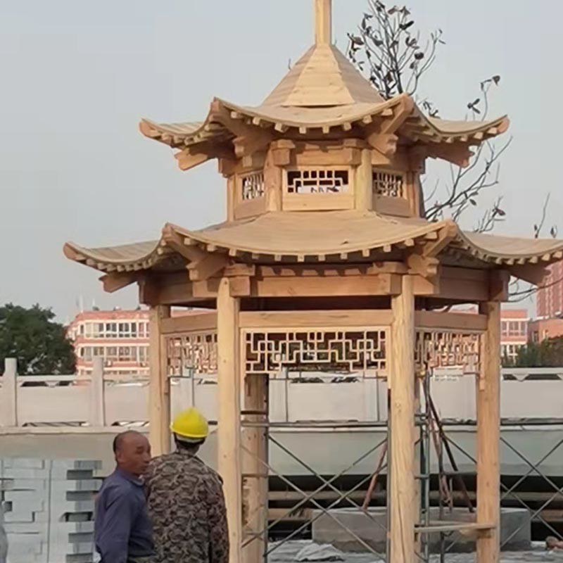 Handmade Outdoor Wooden Pergola 3.2m Chinese Pavilion Hexagon Wood Gazebo