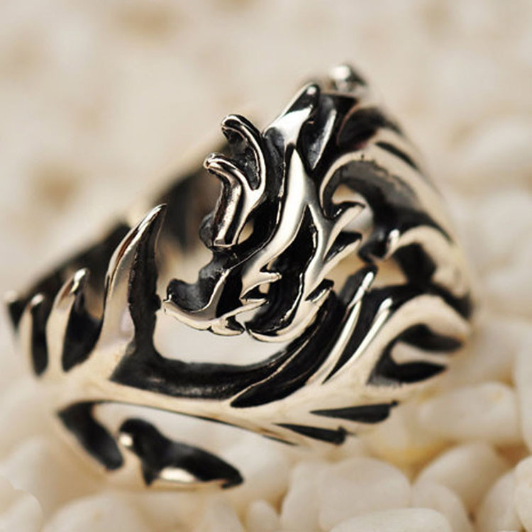 Mens 925 Sterling Silver Band Ring Retro Vintage Dragon Style Ring (XH036317)