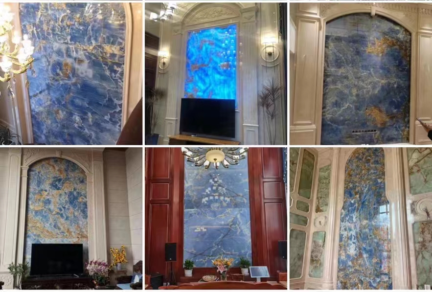 Blue Golden Onyx Stone Slabs Natural Translucent Marble for TV Background Wall Panels