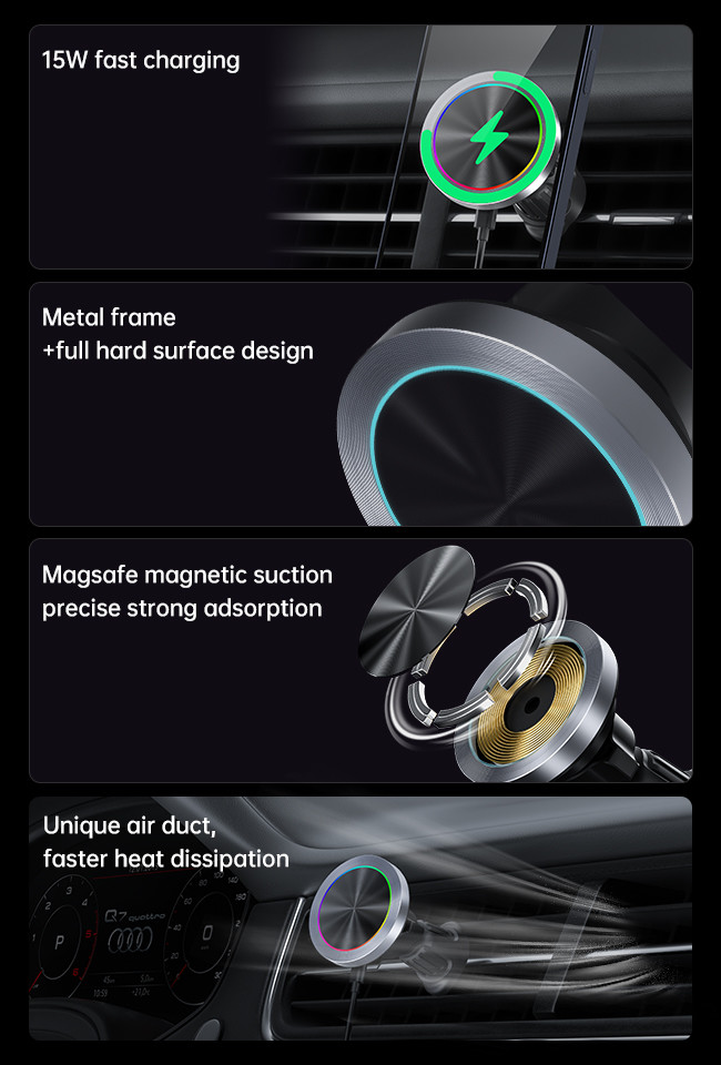 Aluminium Alloy 15w Wireless Charger Car Mount With RGB Light And Fast Charging