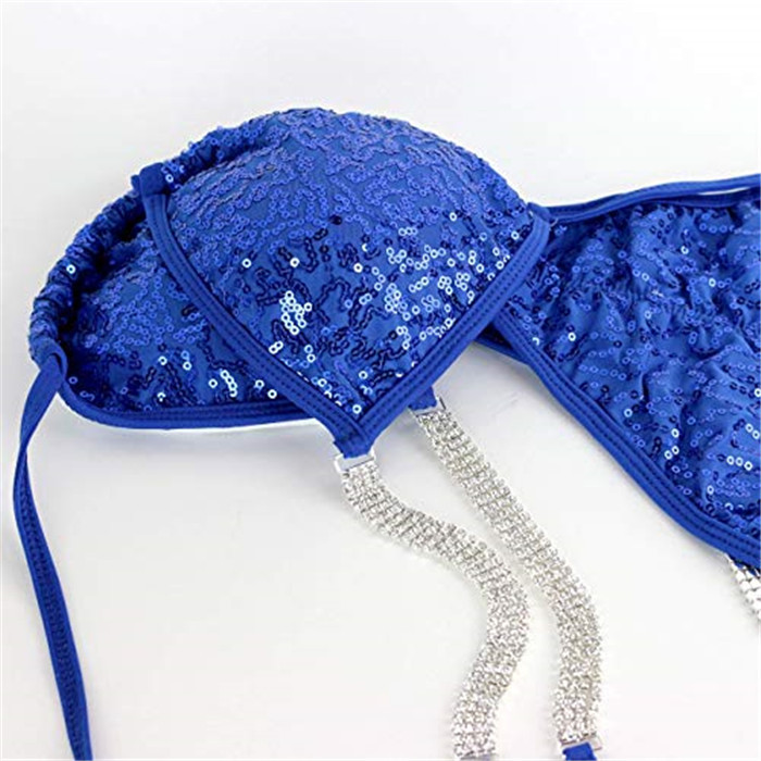 Blue Sequin Bikini Competition Posing Suits Fully Lined Adjustable Triangle Top