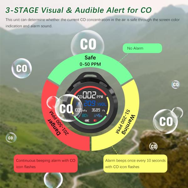 PT08 Portable Carbon Monoxide (CO) Alarm | 300-1100hPa Air Pressure Range, Electrochemical Sensor with Sound-Light Alert for Home/Garage/RV