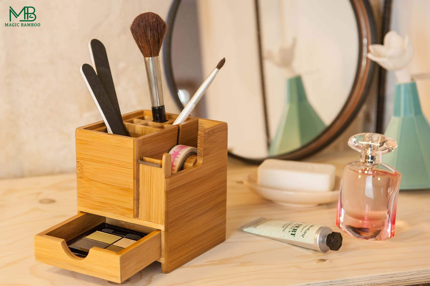 Bamboo Multifunctional Pen Holder With Drawer And Tape Cutter