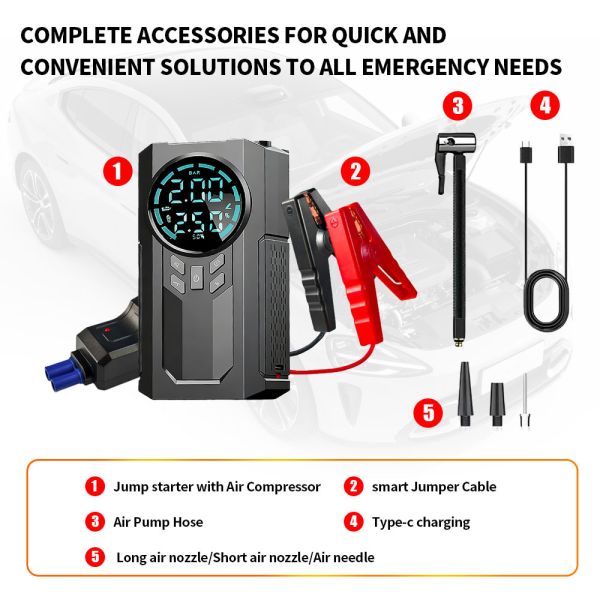 Multi Function Jump Starter Pack With Tyre Inflator 150 PSI Mini Car Air Pump Compressor Tire Pump