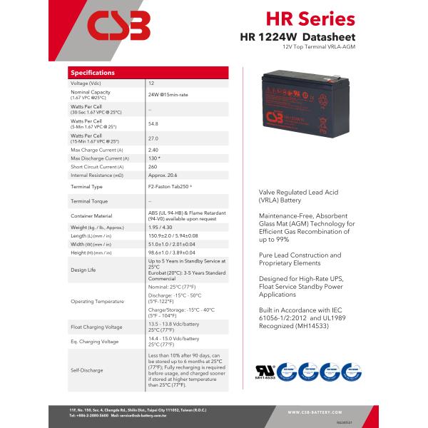 CSB Battery HR1224W 12V 24W 6Ah High Performance Rechargeable Maintenance-Free Lead Acid Battery 12V 6Ah