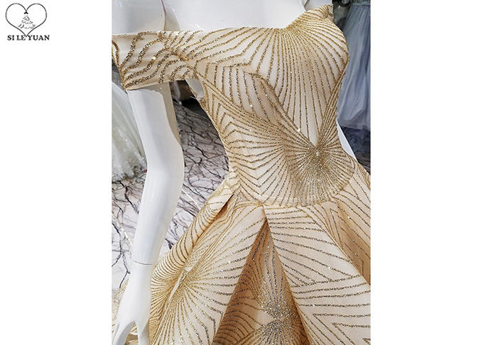 Special Gold Sequin Prom Dress Off Shoulder Short Sleeve Back Bandage Puffy Tail