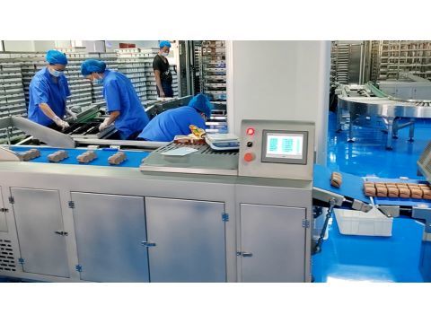 Aligned rolled dough logs accurately divided into uniform toast dough pieces by servo guillotine.