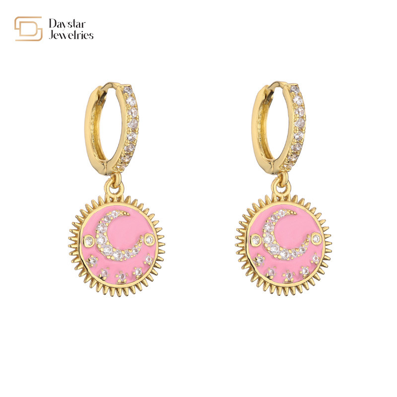 Moon And Star 24k Gold Plated Jewelry Round Dangle Drop Earrings