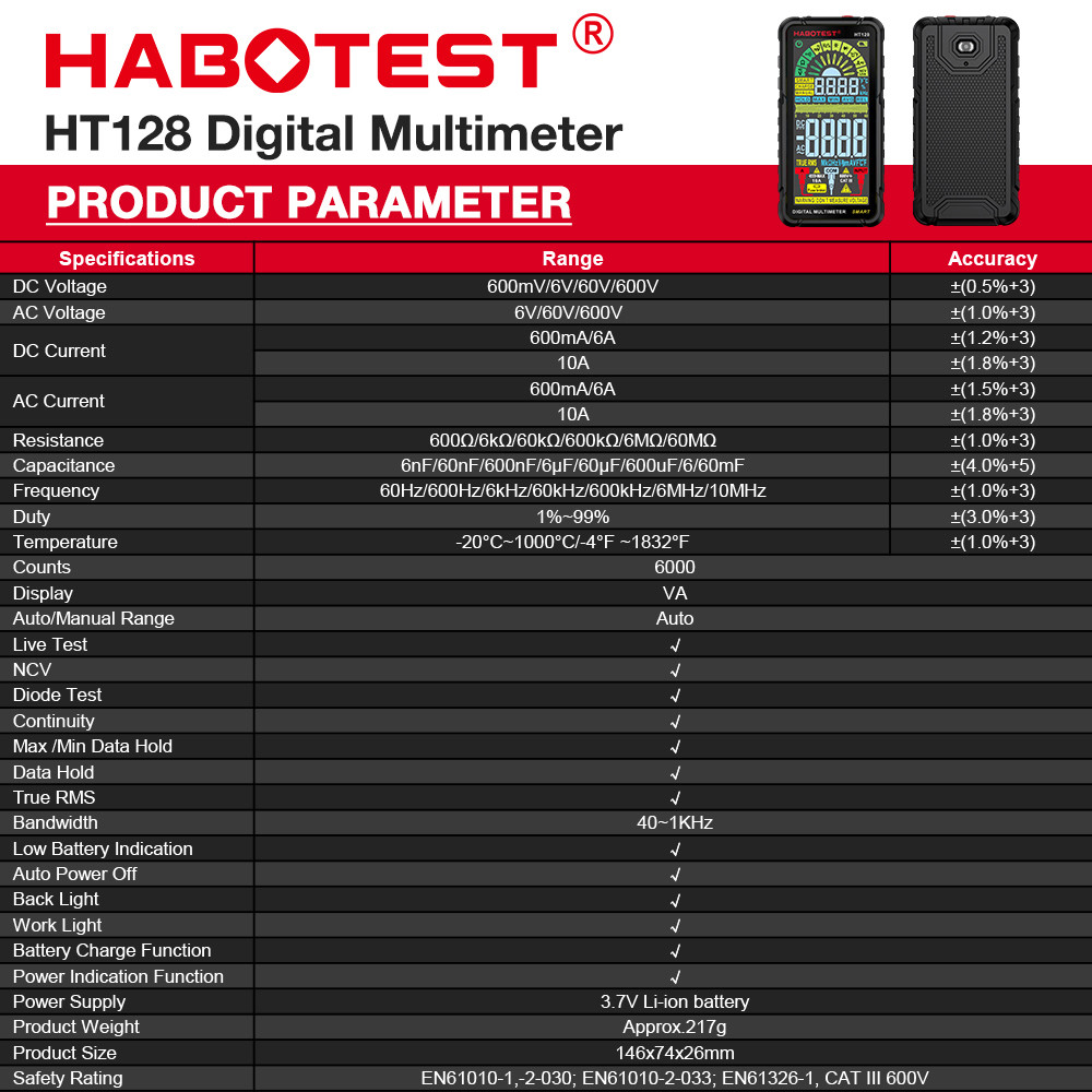 HT128 Digital Multimeter 6000 Counts Smart Measurement Auto-Ranging Voltmeter Tester AC/DC Capactiance Measures
