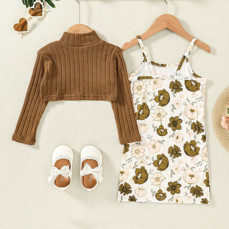 Spring Children'S Clothing Girls Long Sleeve Knitted Top Printed Skirt Two Piece Set