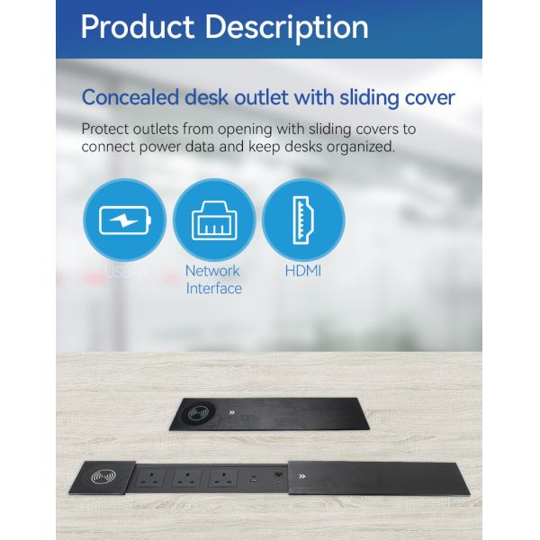 Aluminum Sliding Socket Desk Outlet with 15W Qi Wireless Charging 3 Type G UK Power Outlets and 20W USB Charging Ports