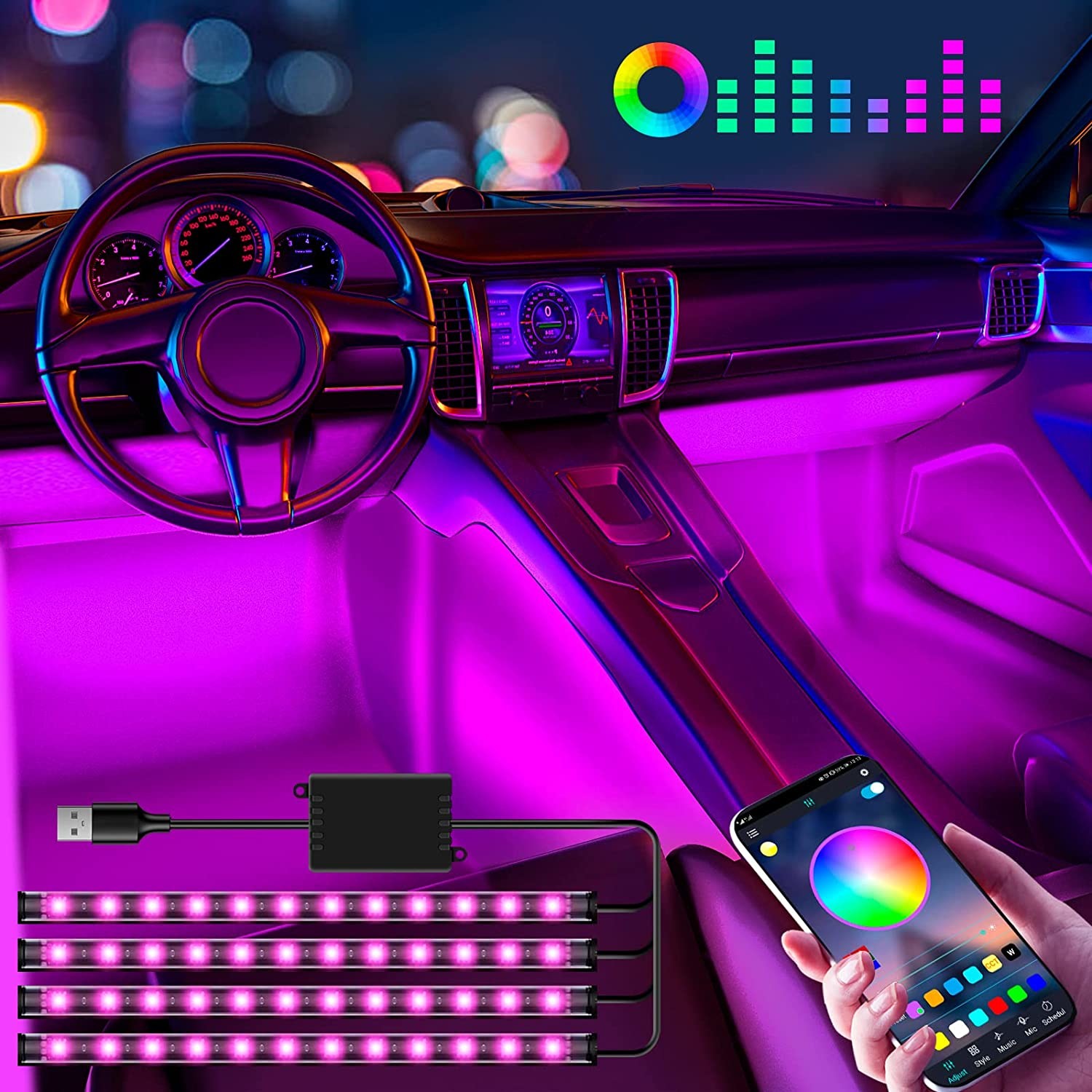 4 Pcs 48 Led Strip Car Interior Atmosphere Lights IP65 With USB Port APP Control