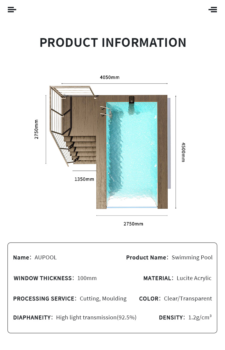 24m3 Pool Water Capacity Transparent Acrylic Plastic Panel for Swimming Pool Window