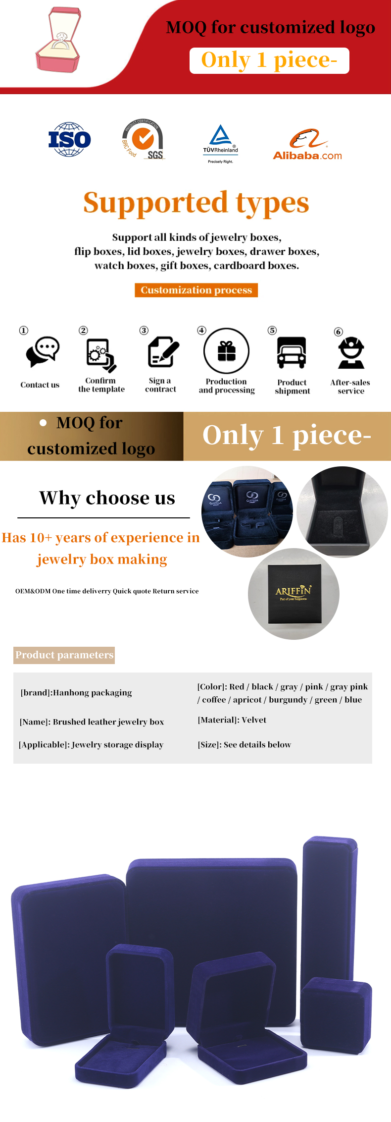 China Manufacturing wholesale high end Handmade Necklace Ring Box Jewellery Packaging Custom logo Luxury Square Suede Velvet Blue Jewelry Box