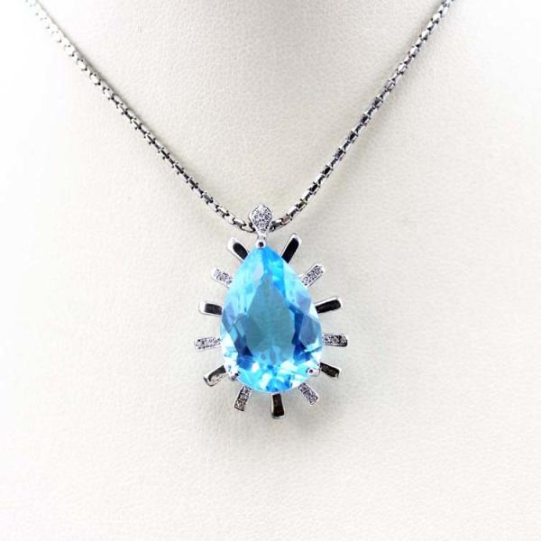 925 Sterling Silver 12mmx18mm Drop Shape Blue Topaz CZ Diamonds Pendant with