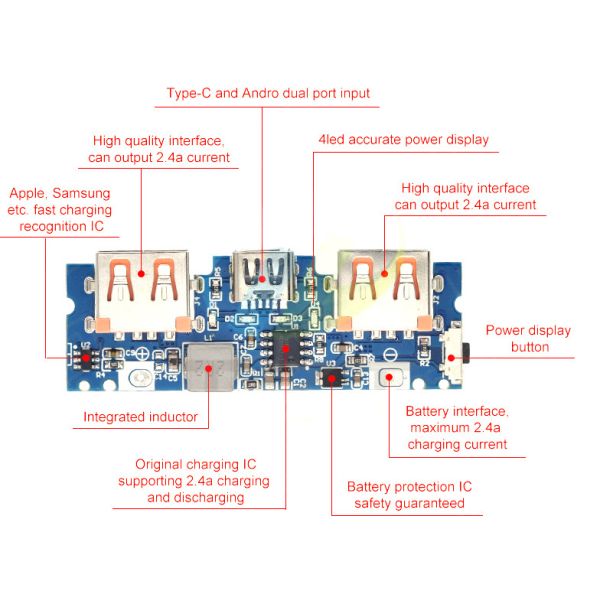 Type-C USB 5V 2.4A 18650 Boost Battery Charger Board