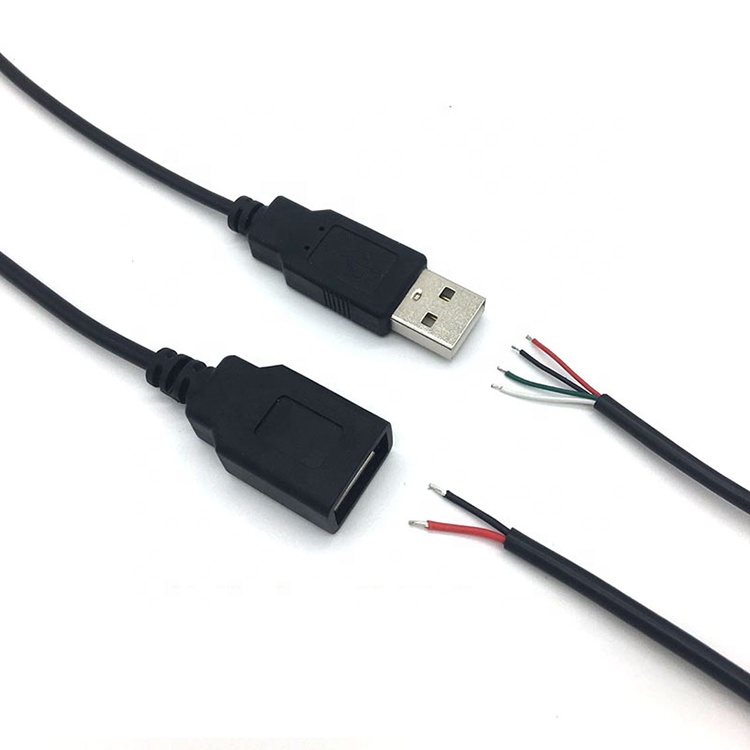 Male Female USB 2.0 Type A Plug to Free End Tinned Open Pigtail Wire Charger Cable for LED Strip