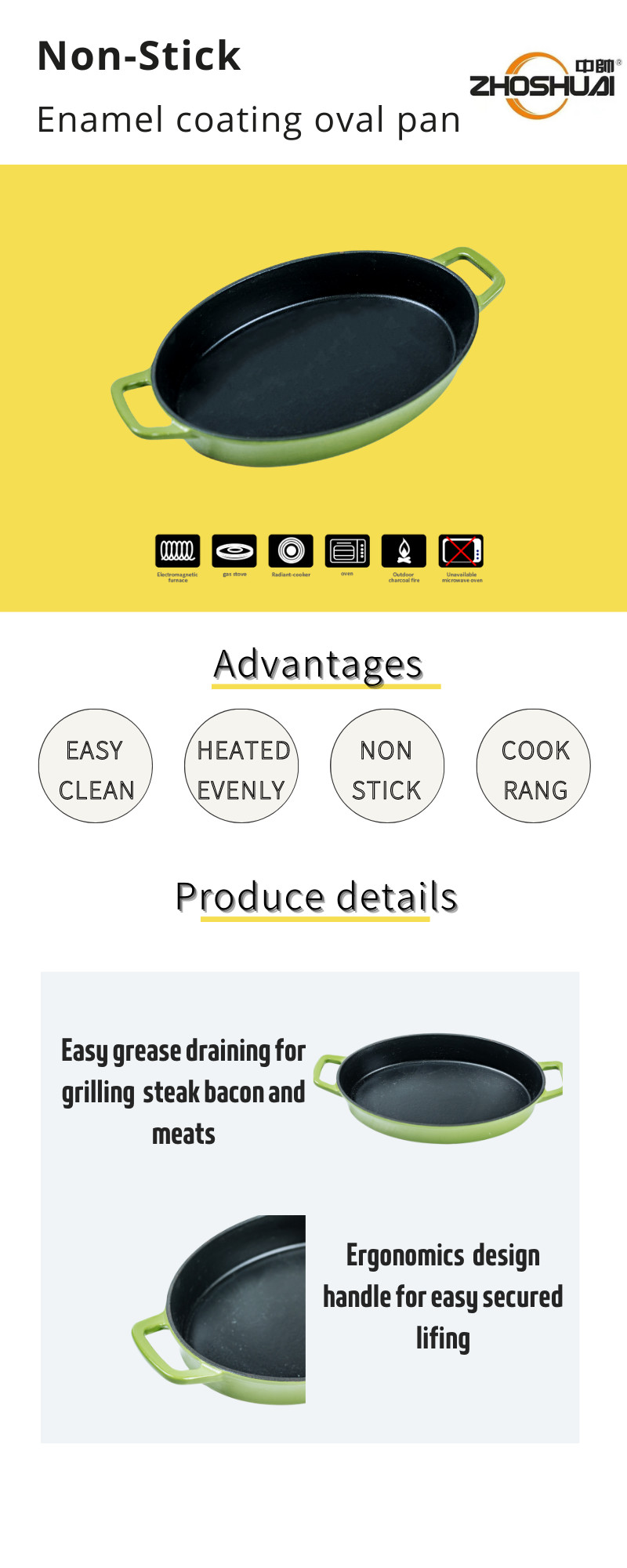OEM ODM Cast Iron Frying Pan Easy Lifting Oval Roasting Pan SGS