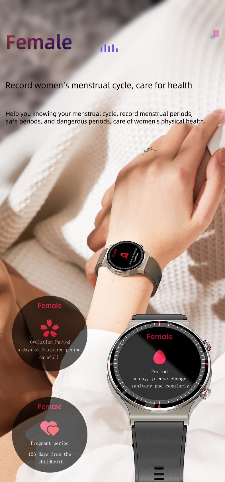 Ladies Medical Grade ECG Smart Watch Full Touch Screen 1.3 Inch ODM