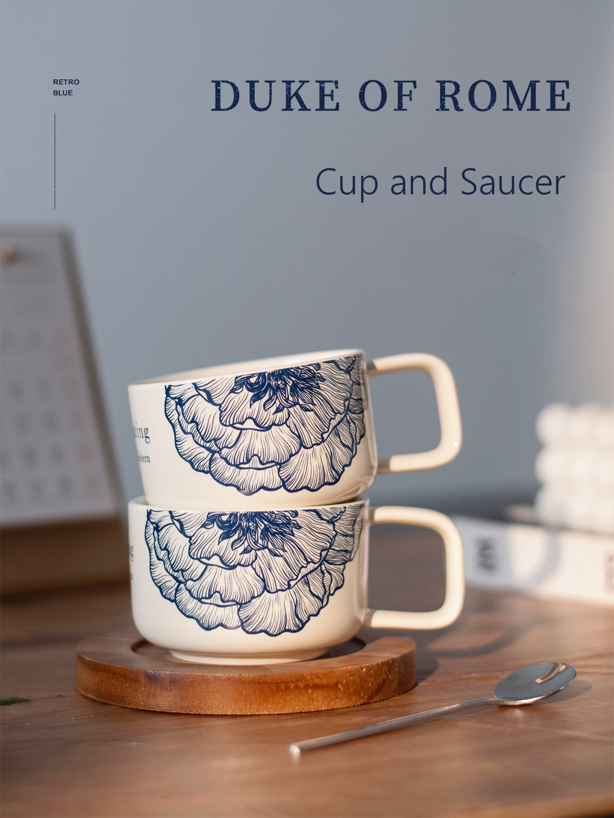 Floral Blue Ceramic Coffee Cup And Wooden Saucer Porcelain Kaffeetasse With Wood Matt