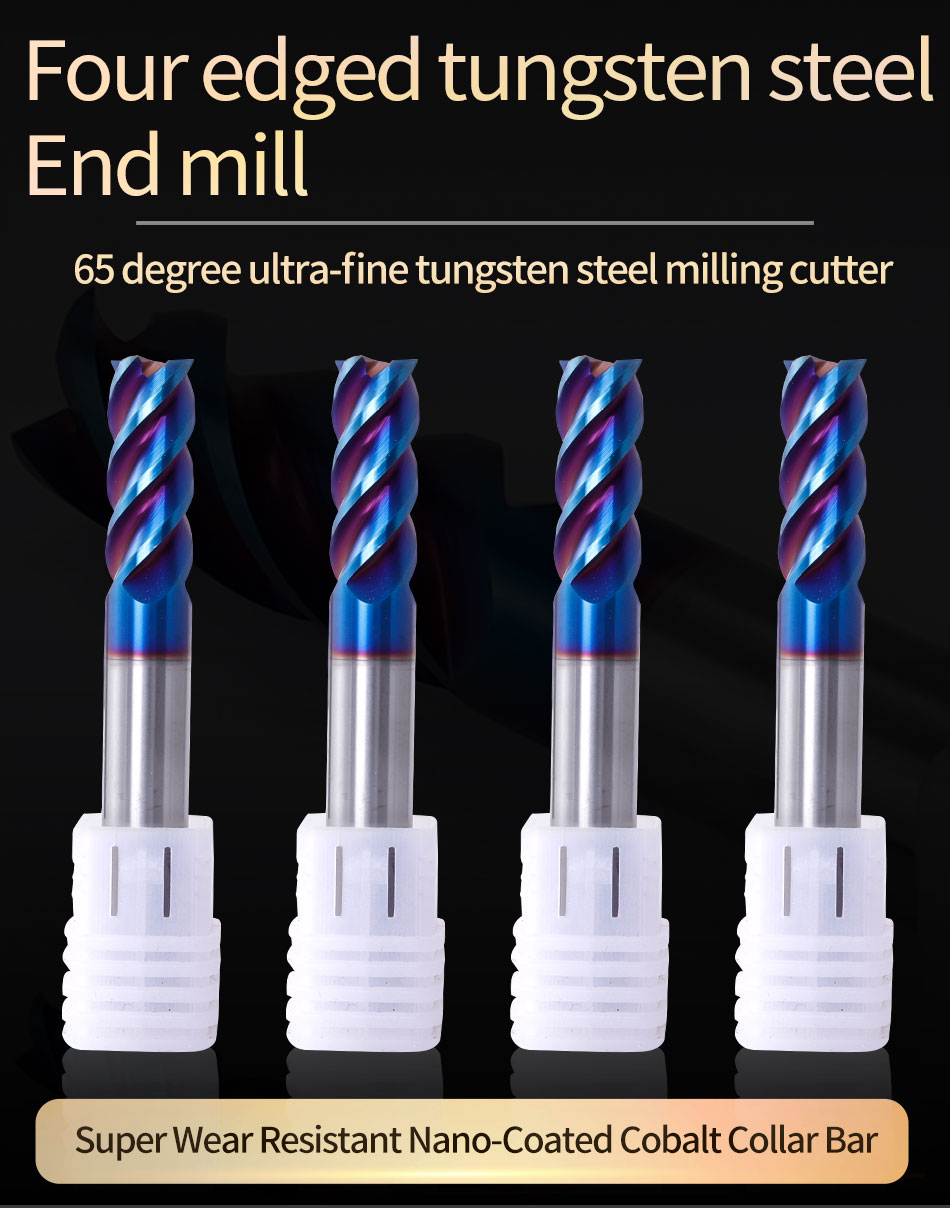 HRC65 4Flute Carbide End Mill 4mm 6mm 8mm Cutting Tools Blue Nano Coating for Hard Milling