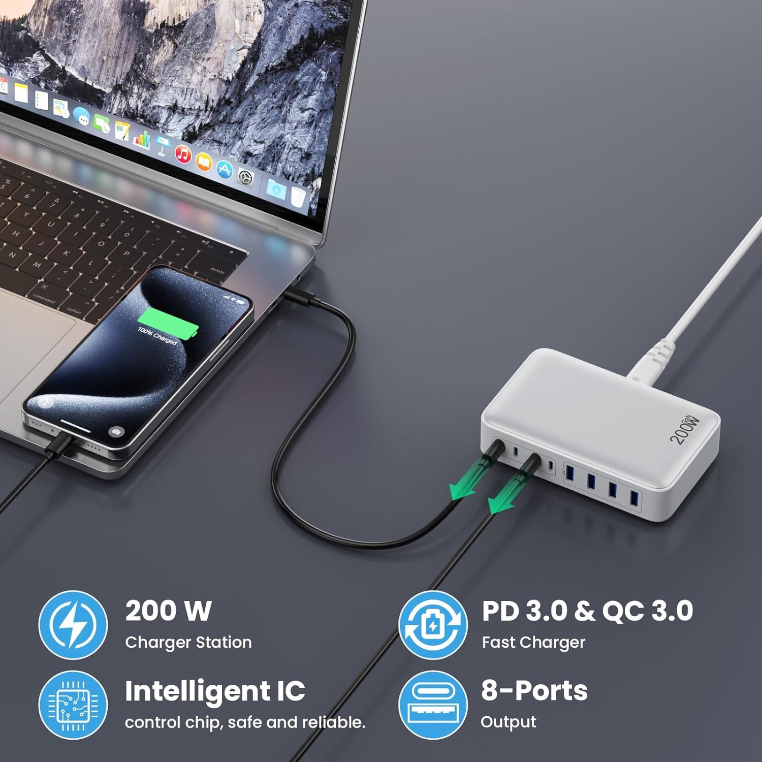 200W USB C Charger Block GaN 8-Port USB C Fast Charging For Smartphone Tablets