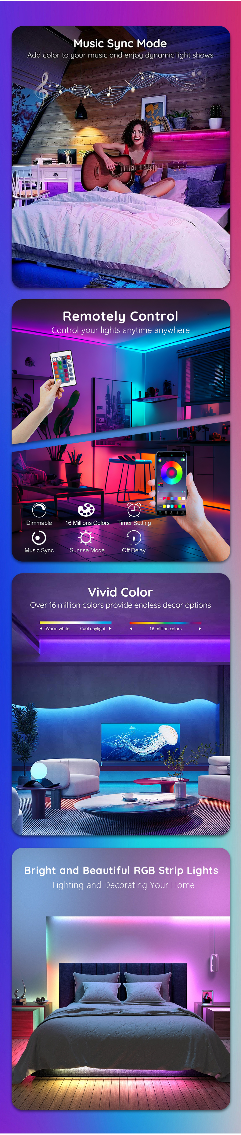 50000 Hour Working Lifetime Wifi LED Light Strip Remote Controlled for Indoor and Outdoor