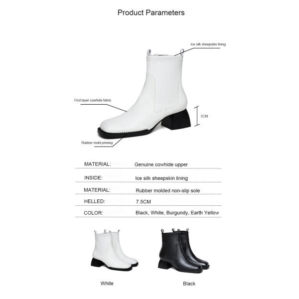 Classical white Leather Square Heel Ankle Boots Chunky Heel Casual Women Heeled Shoes