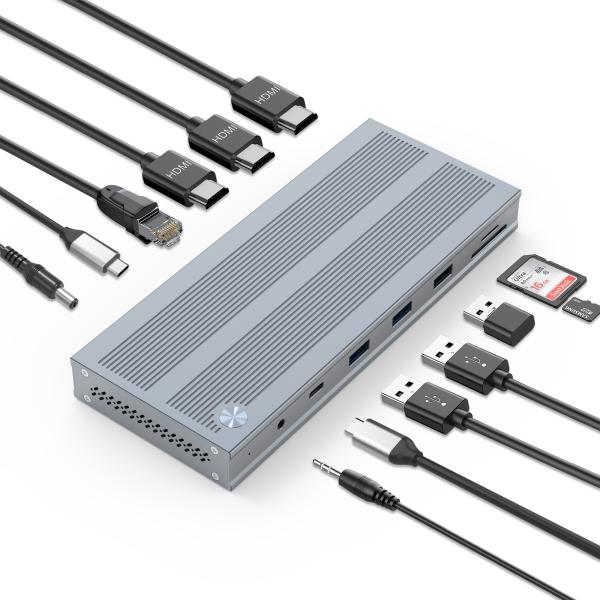 14 In 1 USB-C Docking Station with Displaylink IC Type C to HDMI Supports Triple Monitors up to 4K Aluminum Alloy and ABS
