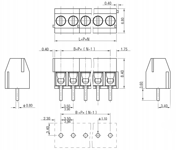 HQ350V-3.5mm/3.96mm Pcb Screw Terminal Block 2P Electric Brass Cage