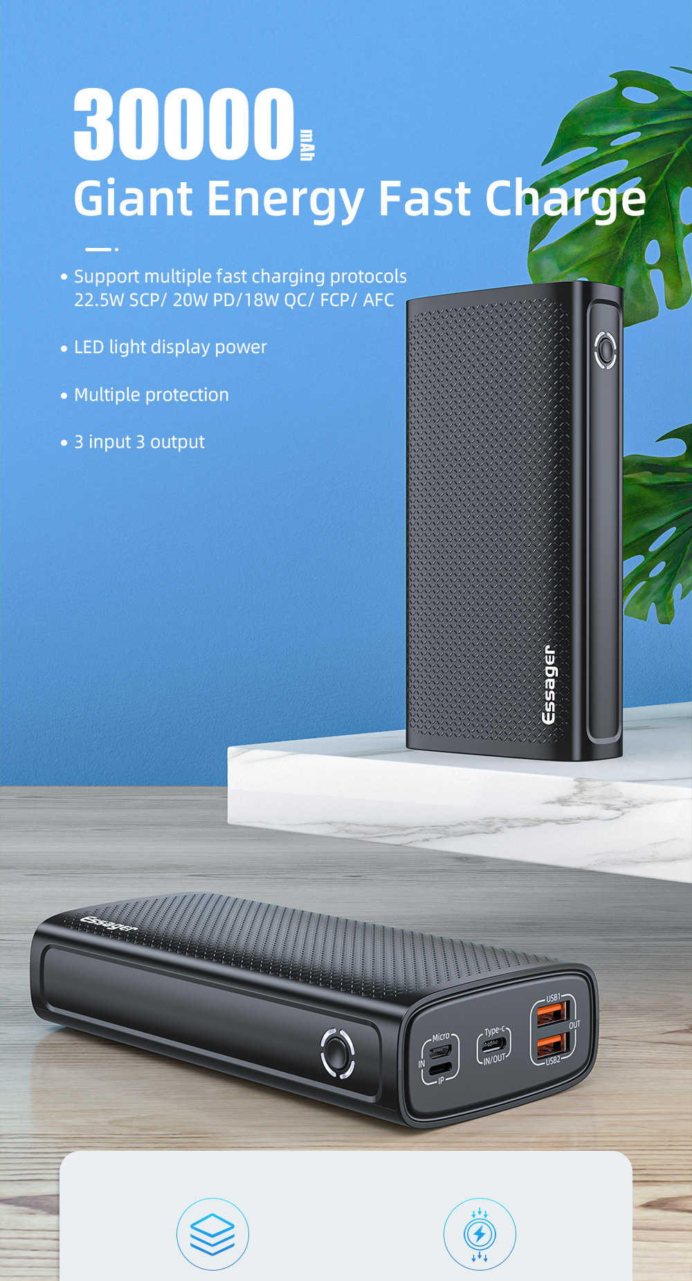 Portable 30000 MAh Power Banks Supporting 22.5W Fast Charging 3 Input Output