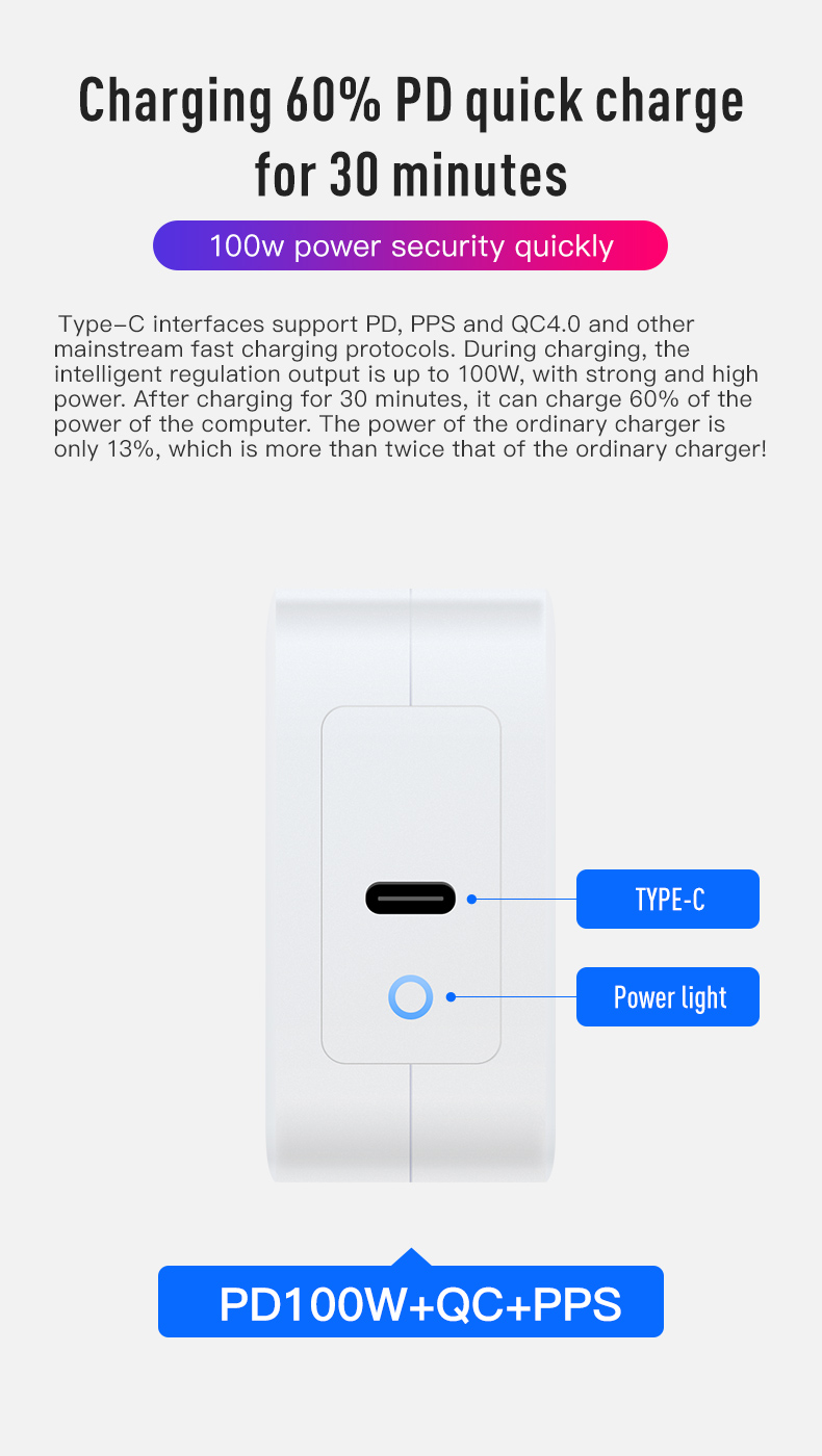 100W Charger Single Type C Wireless Charger GaN Tech 100W USB-C QC3.0