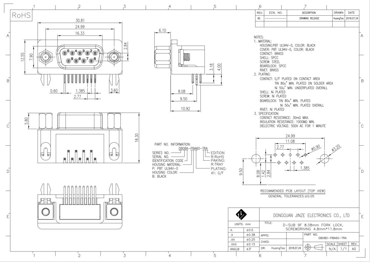 9Pin Female DB9 D-Sub Connectors 90 Degree Staking Type For PCB Mount