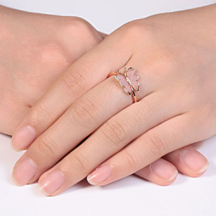 18K Rose Gold Rose Quartz Butterfly Shpe Diamonds Ring for Women Gift (GDR005)