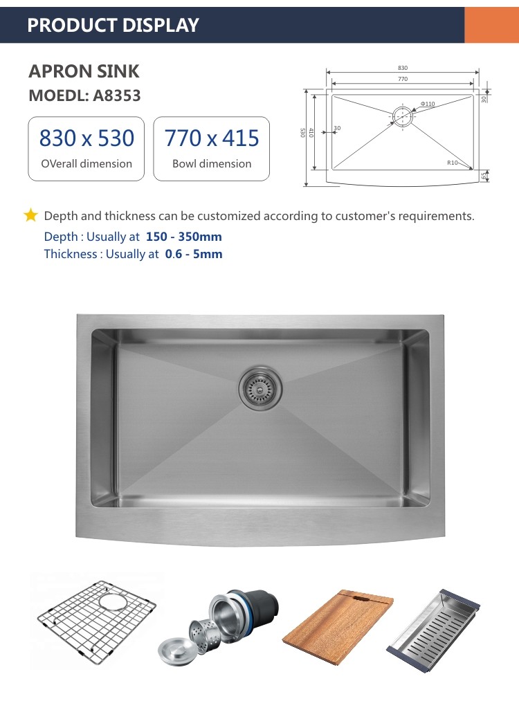 33 Inch Apron Stainless Steel Kitchen Sink 83x54 16 Gauge Single Bowl Brushed