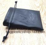 Black Color PU Leather Double Drawstring Protection Headphone Pouch Bag
