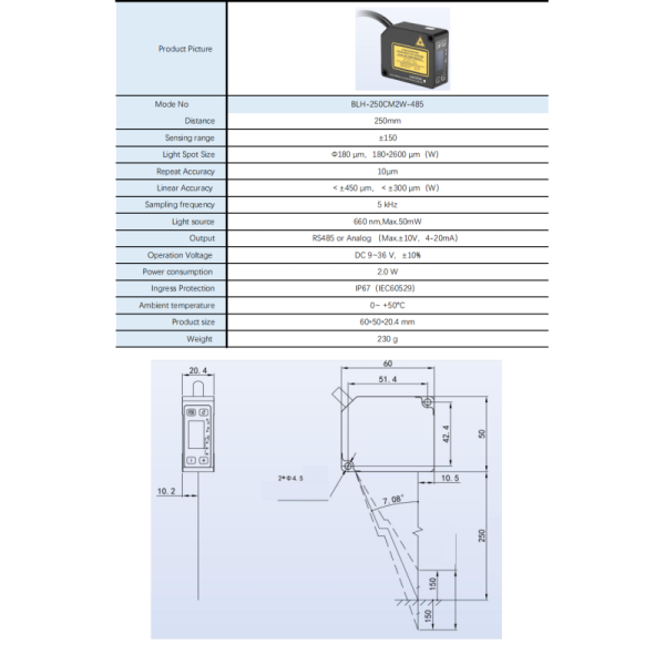Laser Displacement Sensor 10μM Repeatability Analog RS-485 Laser Distance Measurement Sensor