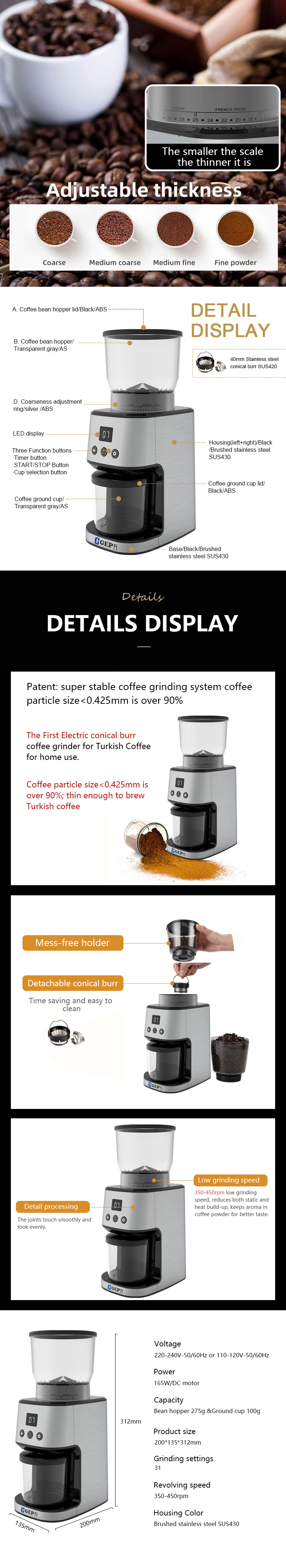 Electric Coffee Bean Grinder with 350-400rpm Grinding Speed and Conical Burr Grinders