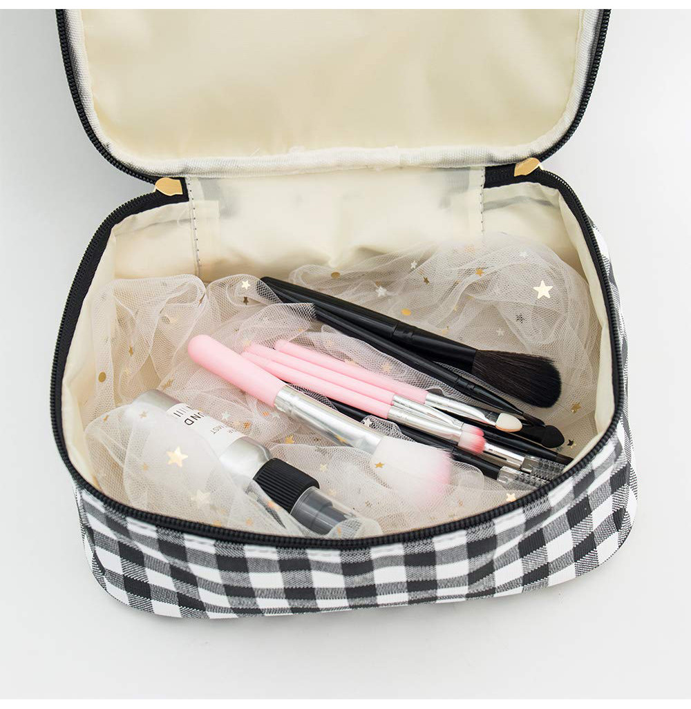 3pcs Black White Plaid Polyester Waterproof Makeup Bag